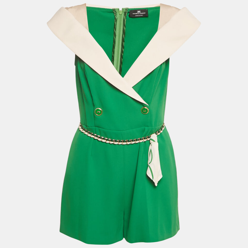 Elisabetta Franchi Green Crepe Off -Shoulder Belted Jumpsuit M