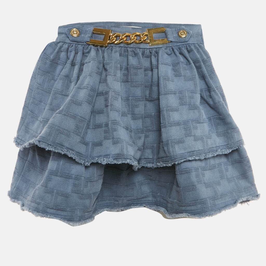 Elisabetta Franchi Blue Logo Pattered Cotton Layered Mini Skirt S Elisabetta Franchi Blue Logo Pattered Cotton Layered Mini Skirt S