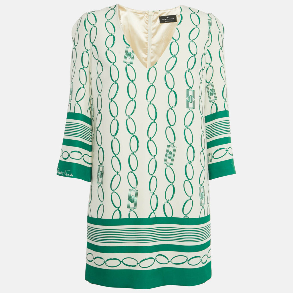 Elisabetta Franchi Cream Chain Print Crepe Mini Shift Dress M