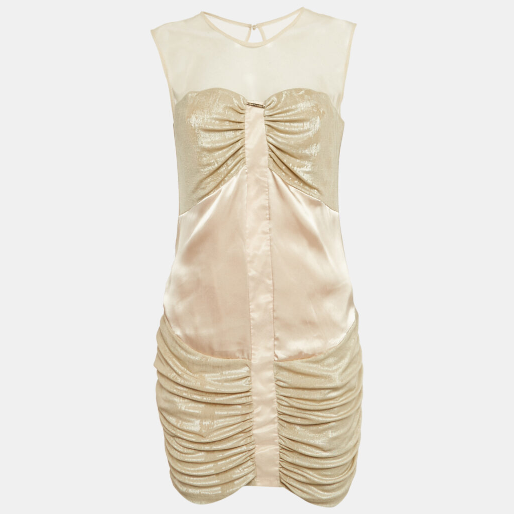 Elisabetta Franchi Gold Crepe Rushed Bodycon Mini Dress L Elisabetta Franchi Gold Crepe Rushed Bodycon Mini Dress L
