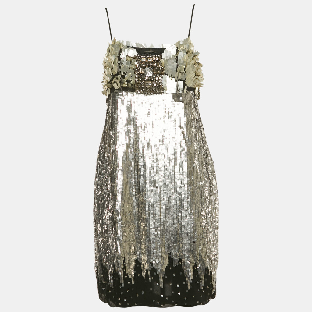 Elisabetta Franchi Metallic/Black Sequin Sleeveless Mini Dress L