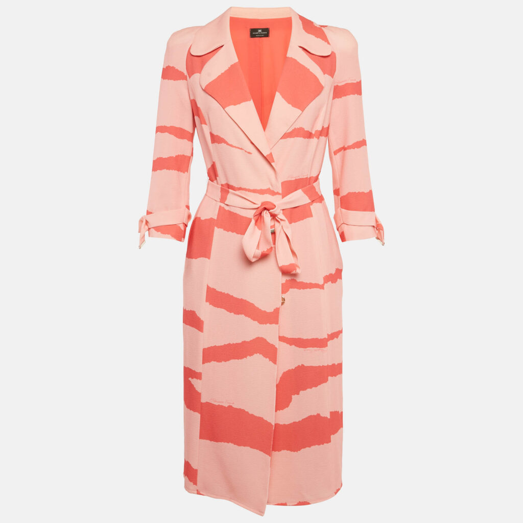 Elisabetta Franchi Orange/ Peach Abstract Print Crepe Belted Coat Dress S