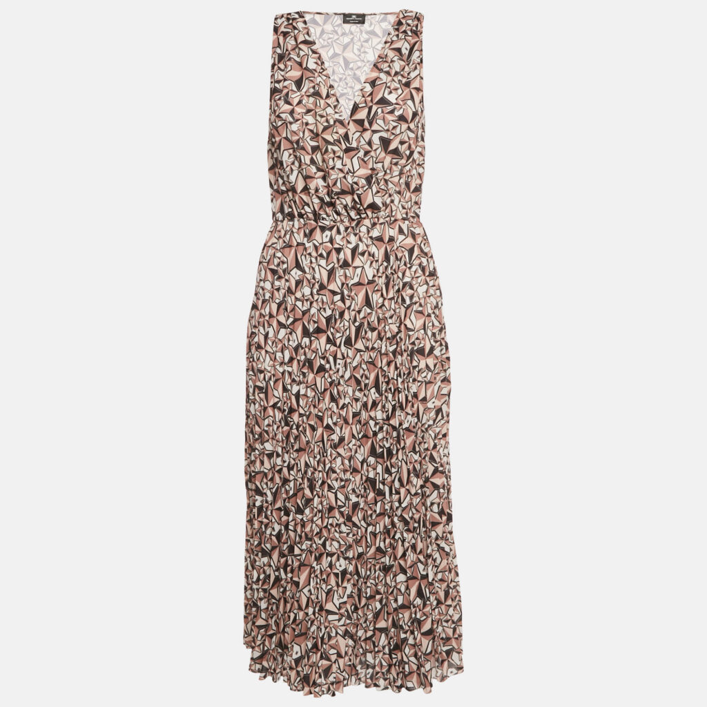 Elisabetta Franchi Brown Printed Crepe Pleat Detail Midi Dress M Elisabetta Franchi Brown Printed Crepe Pleat Detail Midi Dress M