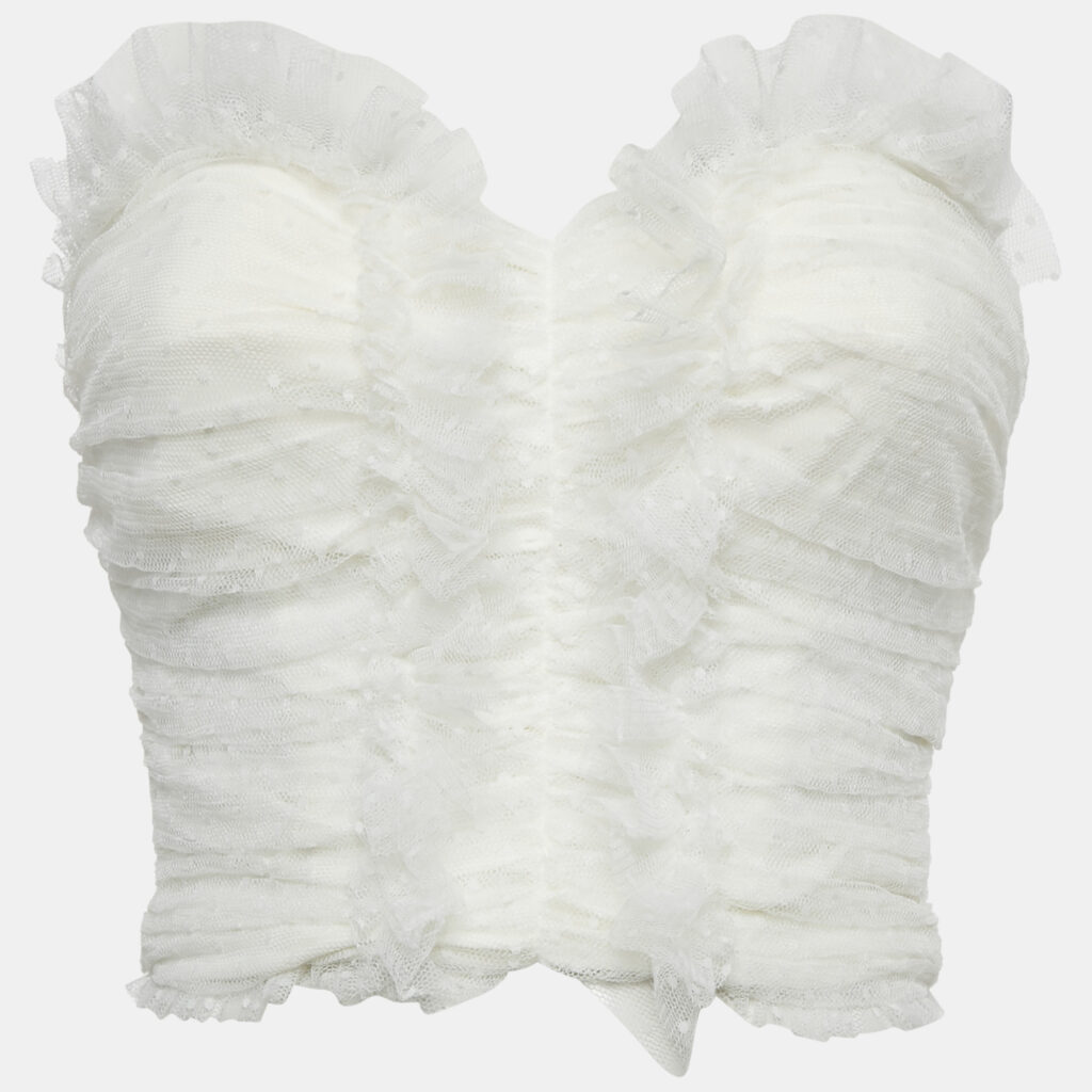 Elisabetta Franchi White Swiss Dot Tulle Ruffled Strapless Top S Elisabetta Franchi White Swiss Dot Tulle Ruffled Strapless Top S