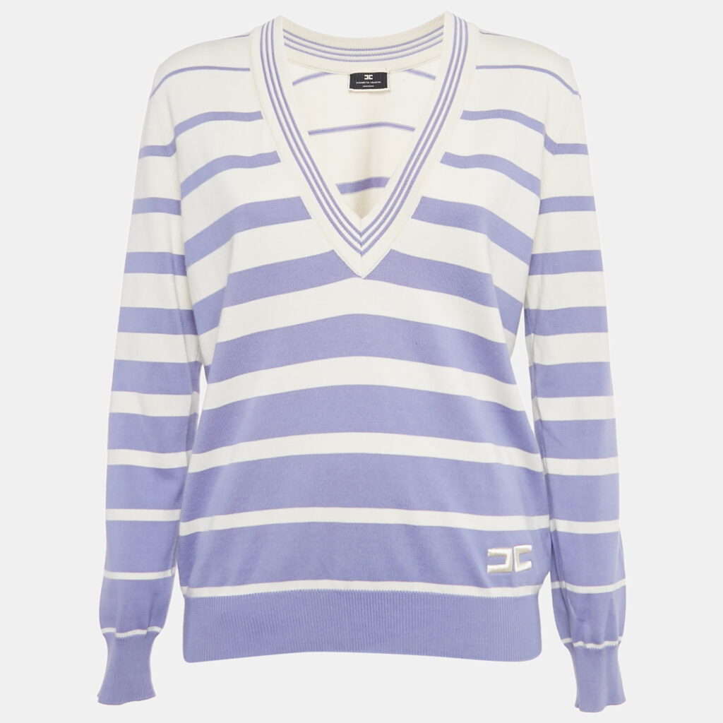 Elisabetta Franchi Purple Stripe Cotton V-Neck Sweater M