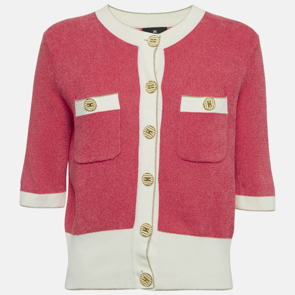 Elisabetta Franchi Pink Terry Short Sleeve Cardigan L Elisabetta Franchi Pink Terry Short Sleeve Cardigan L