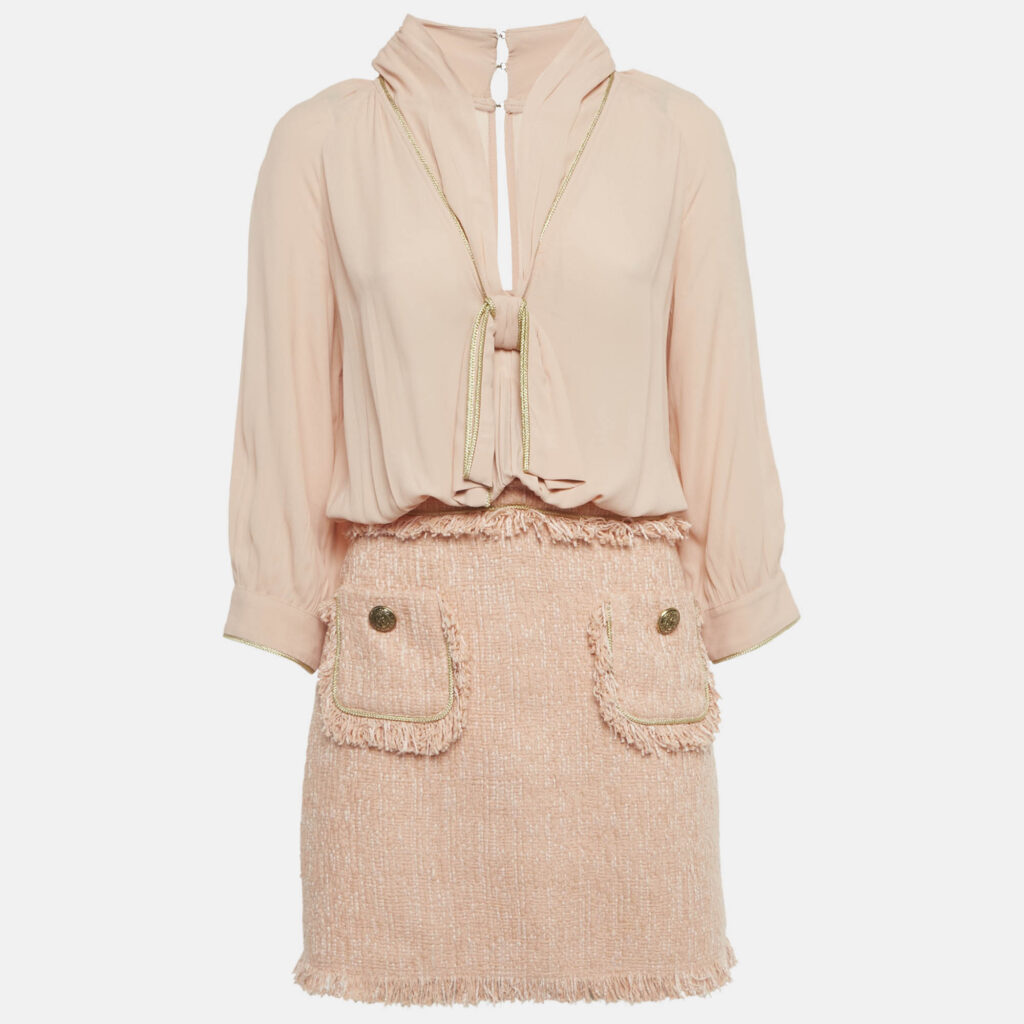 Elisabetta Franchi Light Orange/ Peach Crepe and Tweed Detachable Blouse Mini Dress M Elisabetta Franchi Light Orange/ Peach Crepe and Tweed Detachable Blouse Mini Dress M