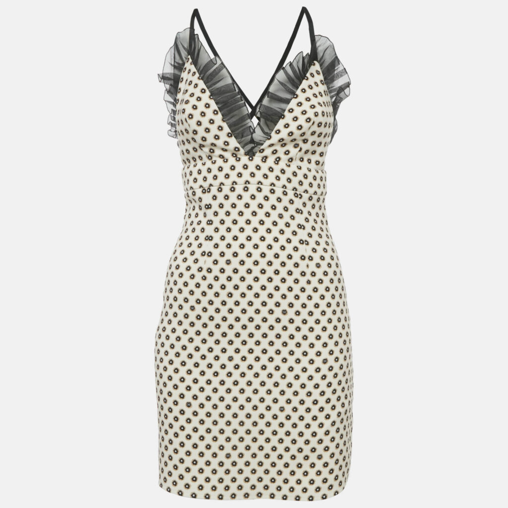 Elisabetta Franchi Cream Floral Print Crepe Ruffled Sleeveless Mini Dress S
