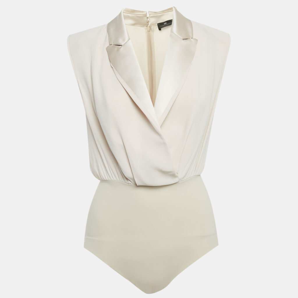 Elisabetta Franchi Beige Crepe Structured Shoulder Bodysuit M Elisabetta Franchi Beige Crepe Structured Shoulder Bodysuit M