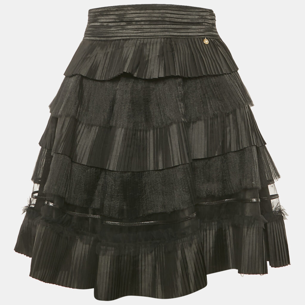 Elisabetta Franchi Black Tulle and Crepe Frill Tiered Mini Skirt M Elisabetta Franchi Black Tulle and Crepe Frill Tiered Mini Skirt M