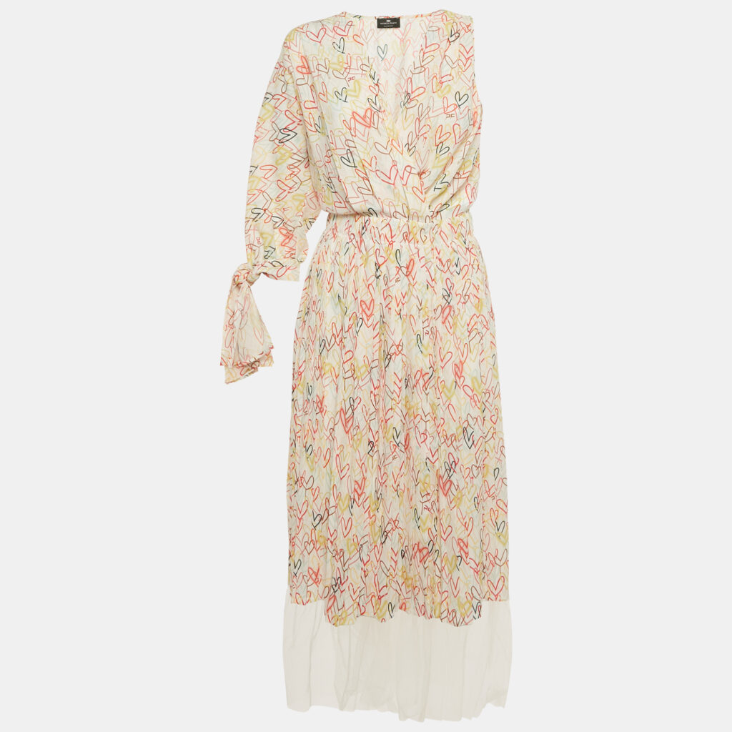 Elisabetta Franchi Multicolor Heart Print Crepe One Shoulder Midi Dress M Elisabetta Franchi Multicolor Heart Print Crepe One Shoulder Midi Dress M