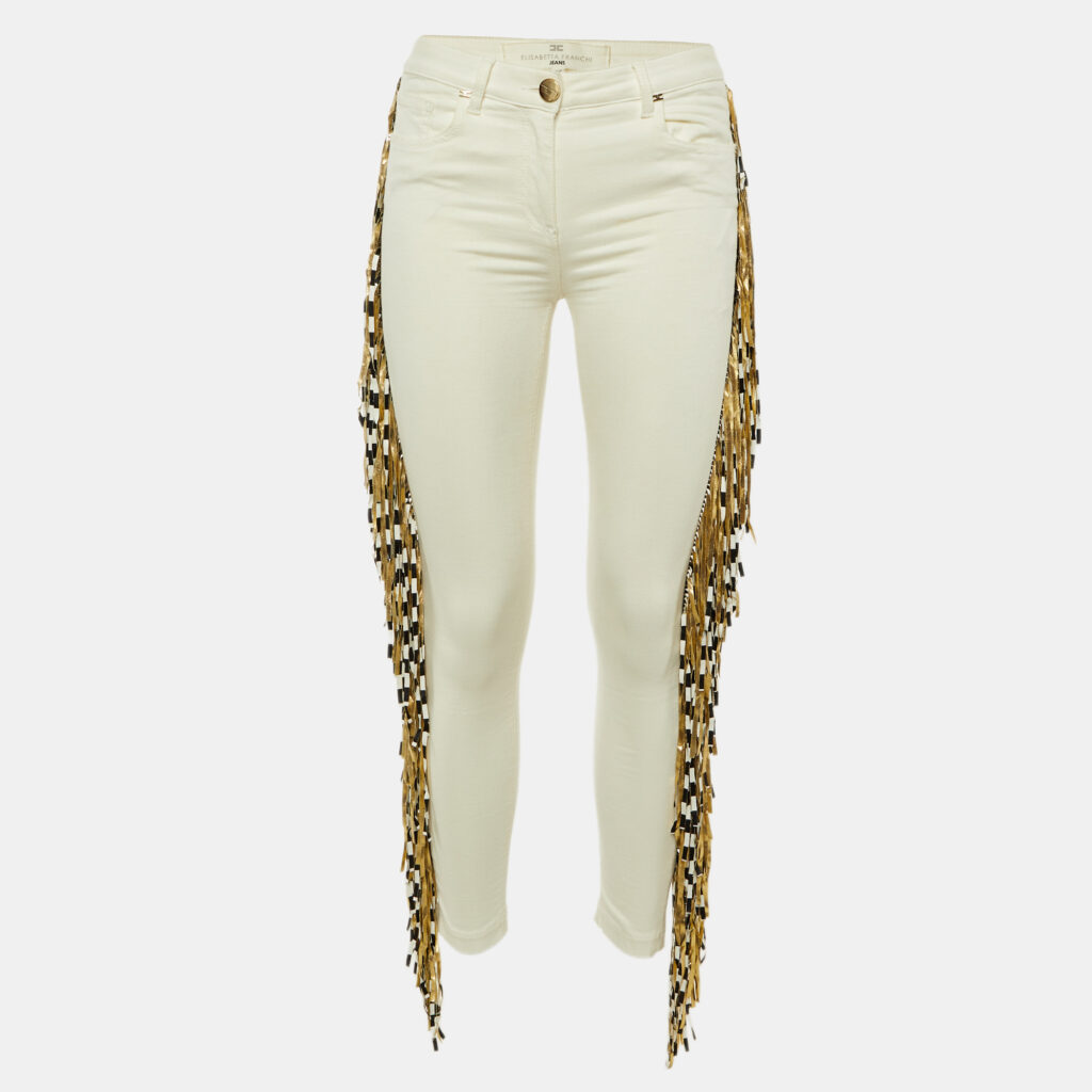 Elisabetta Franchi Jeans Ivory Denim Fringed Skinny Jeans S/Waist 29"
