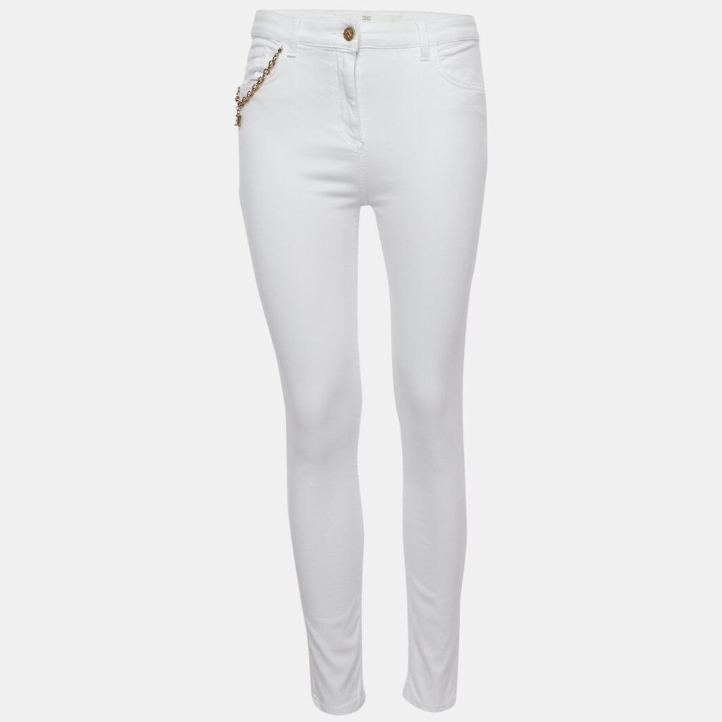 Elisabetta Franchi White Cotton Lock Charm Detail Skinny Jeans M Waist 29" Elisabetta Franchi White Cotton Lock Charm Detail Skinny Jeans M Waist 29"