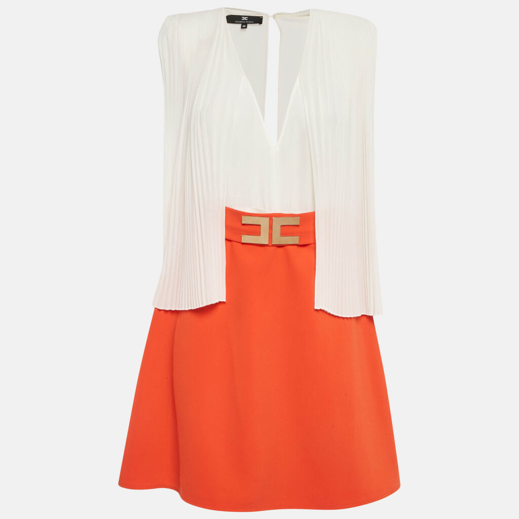 luxury-women-elisabetta-franchi-used-clothes-p1220341-002-1.jpg Elisabetta Franchi White /Orange Detachable Mini Plisses Drape Dress L