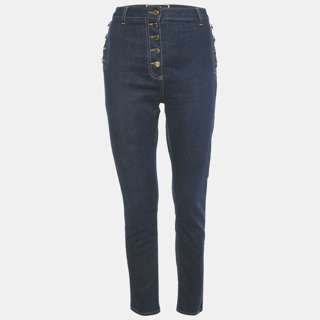 Elisabetta Franchi Dark Blue Button Detail Denim Skinny Jeans M Waist 29"