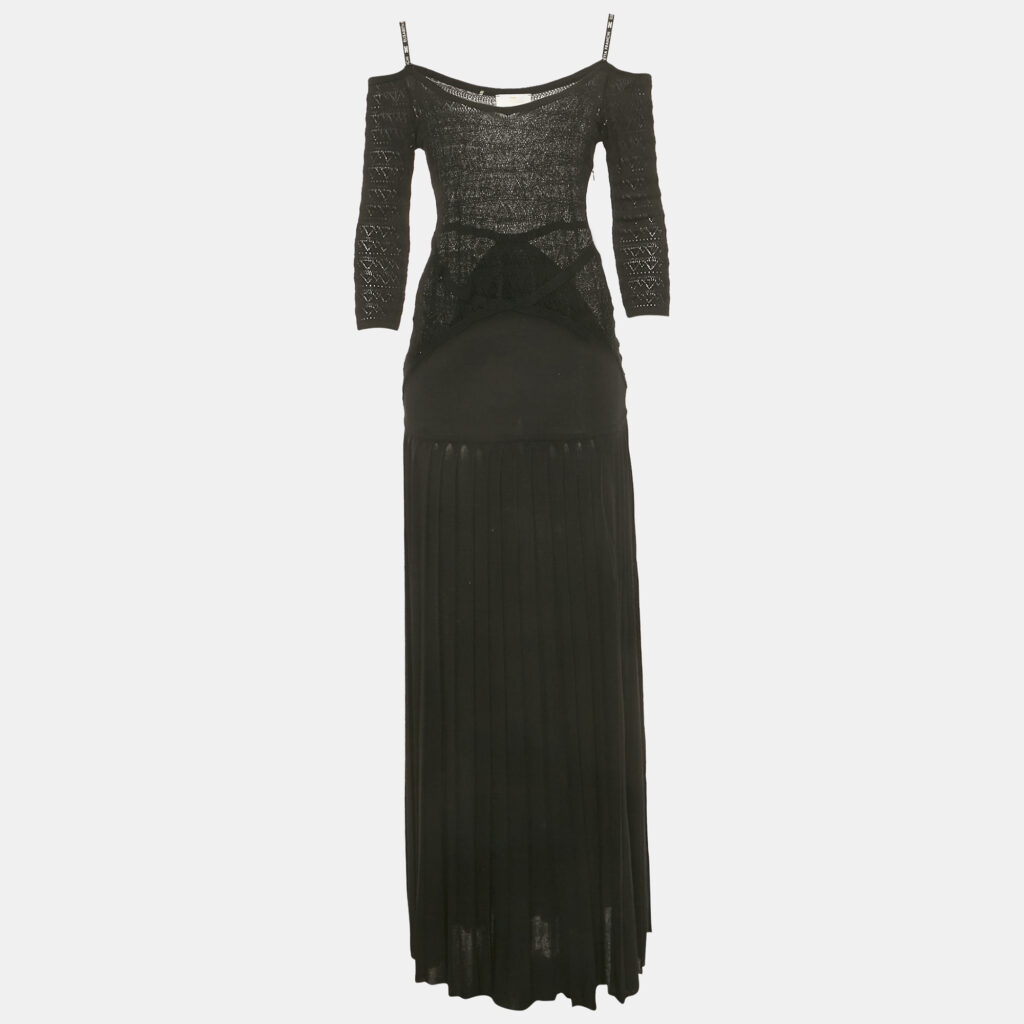 luxury-women-elisabetta-franchi-used-clothes-p1222179-002-1.jpg Elisabetta Franchi Black Perforated Knit Off Shoulder Maxi Dress L