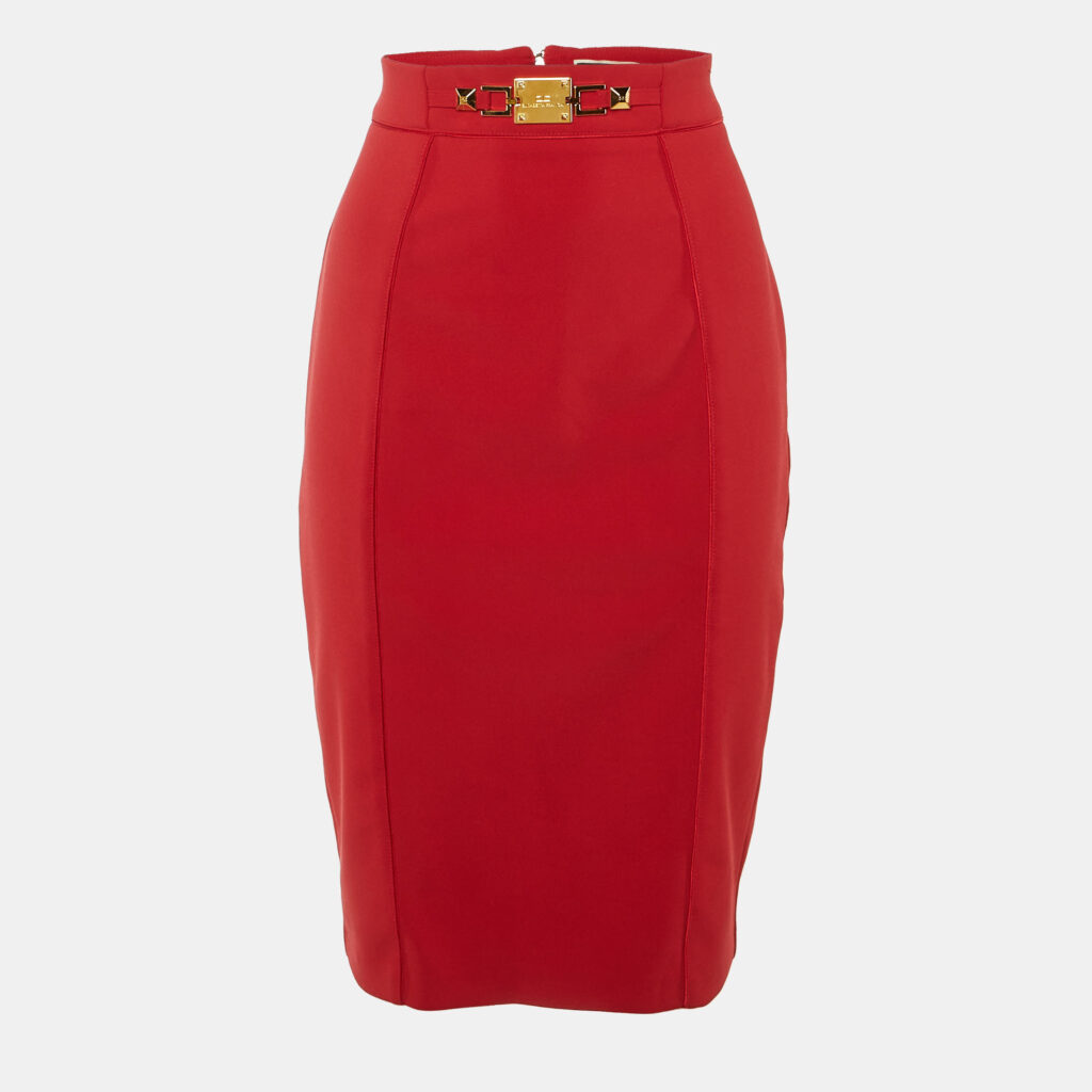 Elisabetta Franchi Red Crepe BBuckle Detail Pencil Skirt M Elisabetta Franchi Red Crepe BBuckle Detail Pencil Skirt M