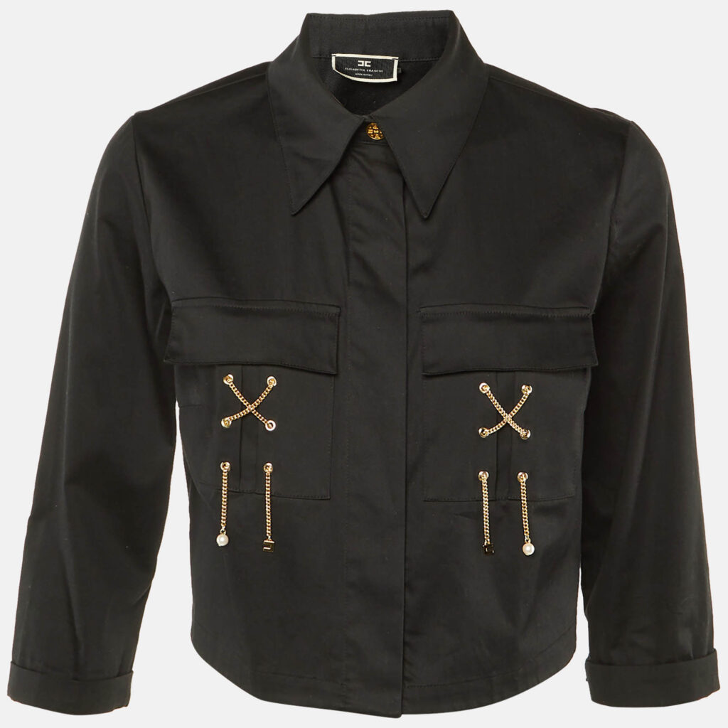 Elisabetta Franchi Black Cotton Knit Chain Detail Crop Jacket M Elisabetta Franchi Black Cotton Knit Chain Detail Crop Jacket M