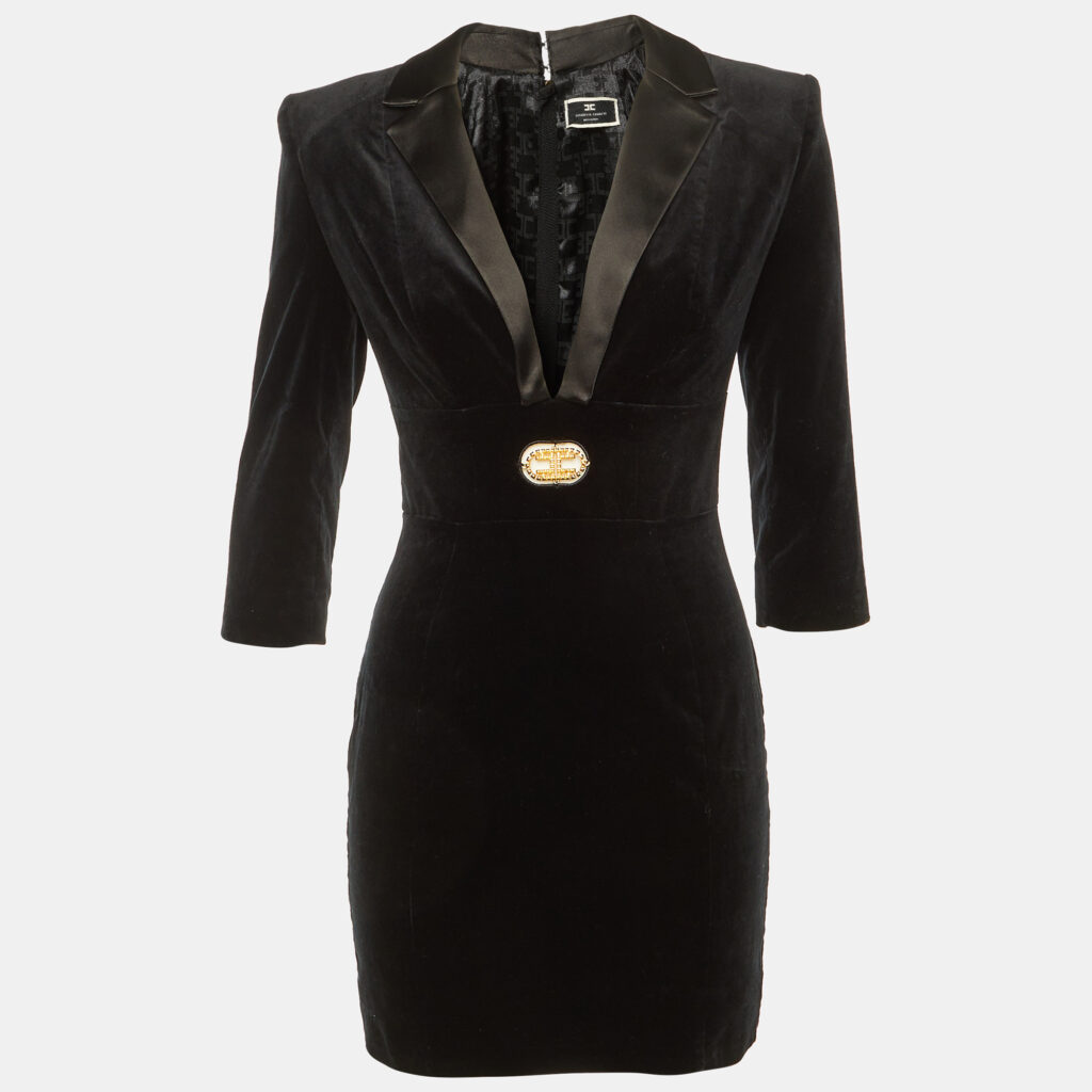 Elisabetta Franchi Black Velvet Logo Detail Mini Dress S Elisabetta Franchi Black Velvet Logo Detail Mini Dress S