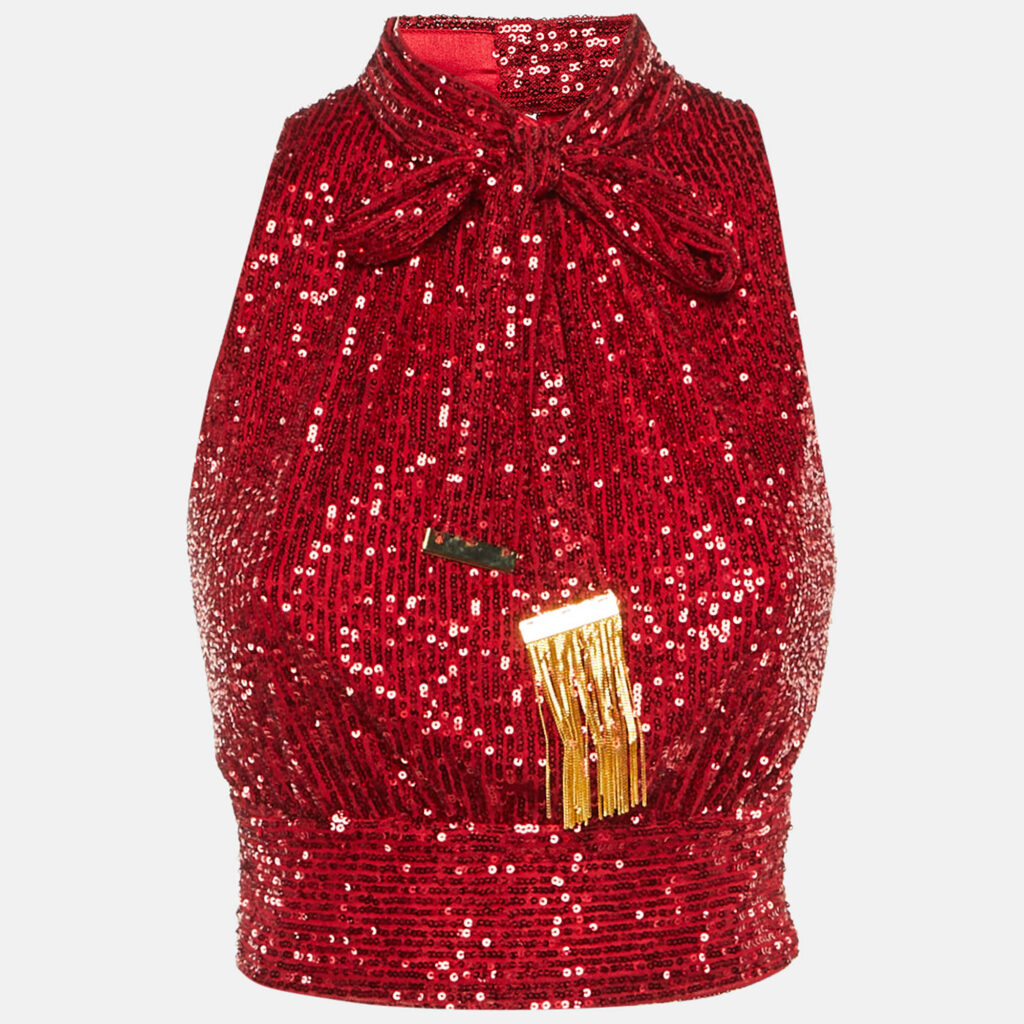 Elisabetta Franchi Red Sequin Halter Neck Scarf Detail Crop Top M Elisabetta Franchi Red Sequin Halter Neck Scarf Detail Crop Top M