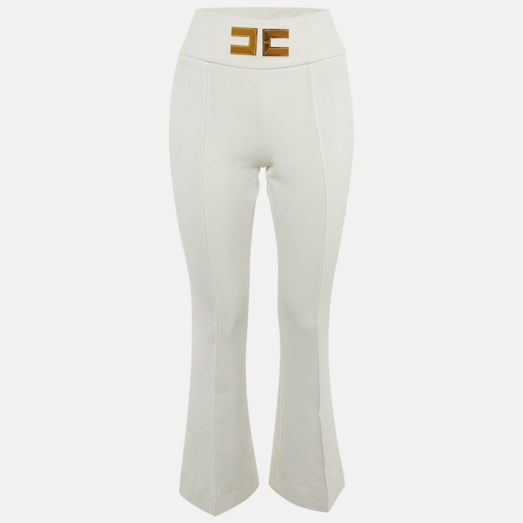 Elisabetta Franchi White Crepe Logo Flared Trousers S Elisabetta Franchi White Crepe Logo Flared Trousers S