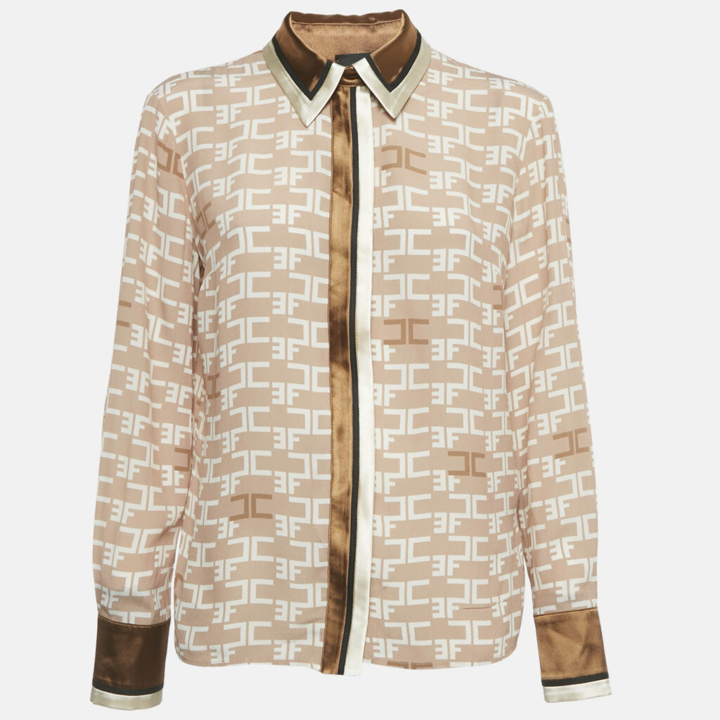 Elisabetta Franchi Beige / Brown Monogram Print Crepe Blouse M