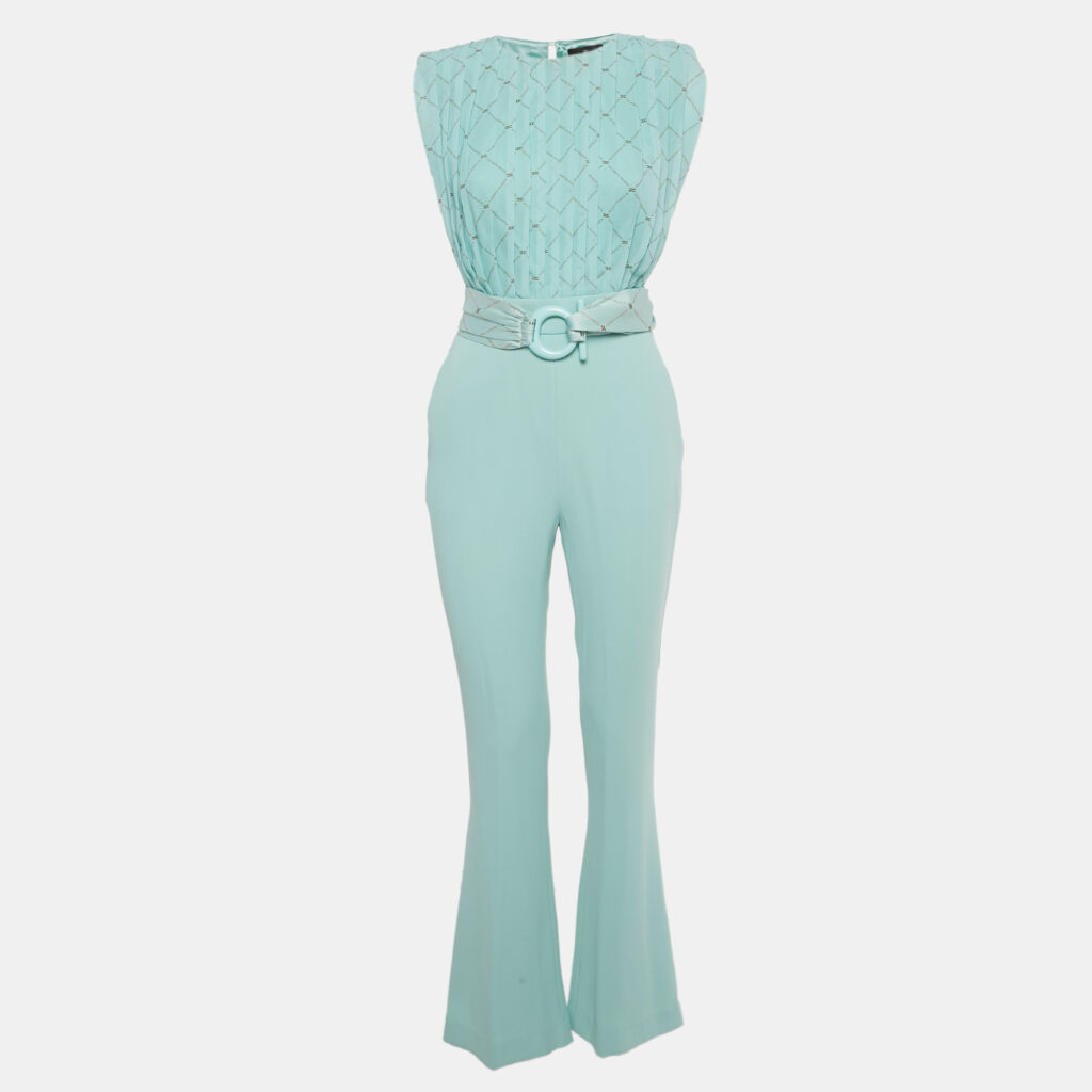 Elisabetta Franchi Blue Logo Print Chiffon and Crepe Jumpsuit S Elisabetta Franchi Blue Logo Print Chiffon and Crepe Jumpsuit S