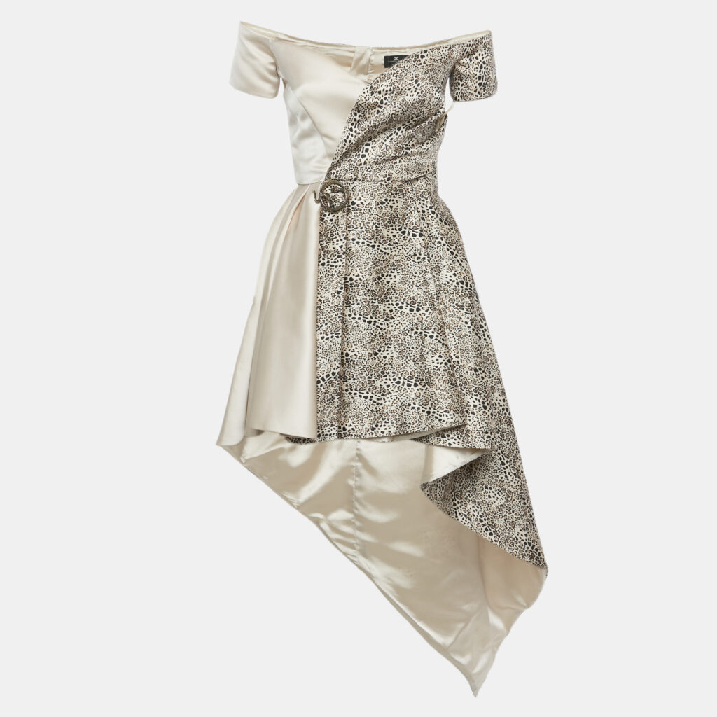 Elisabetta Franchi Beige Leopard Print Satin High-Low Mini Dress M