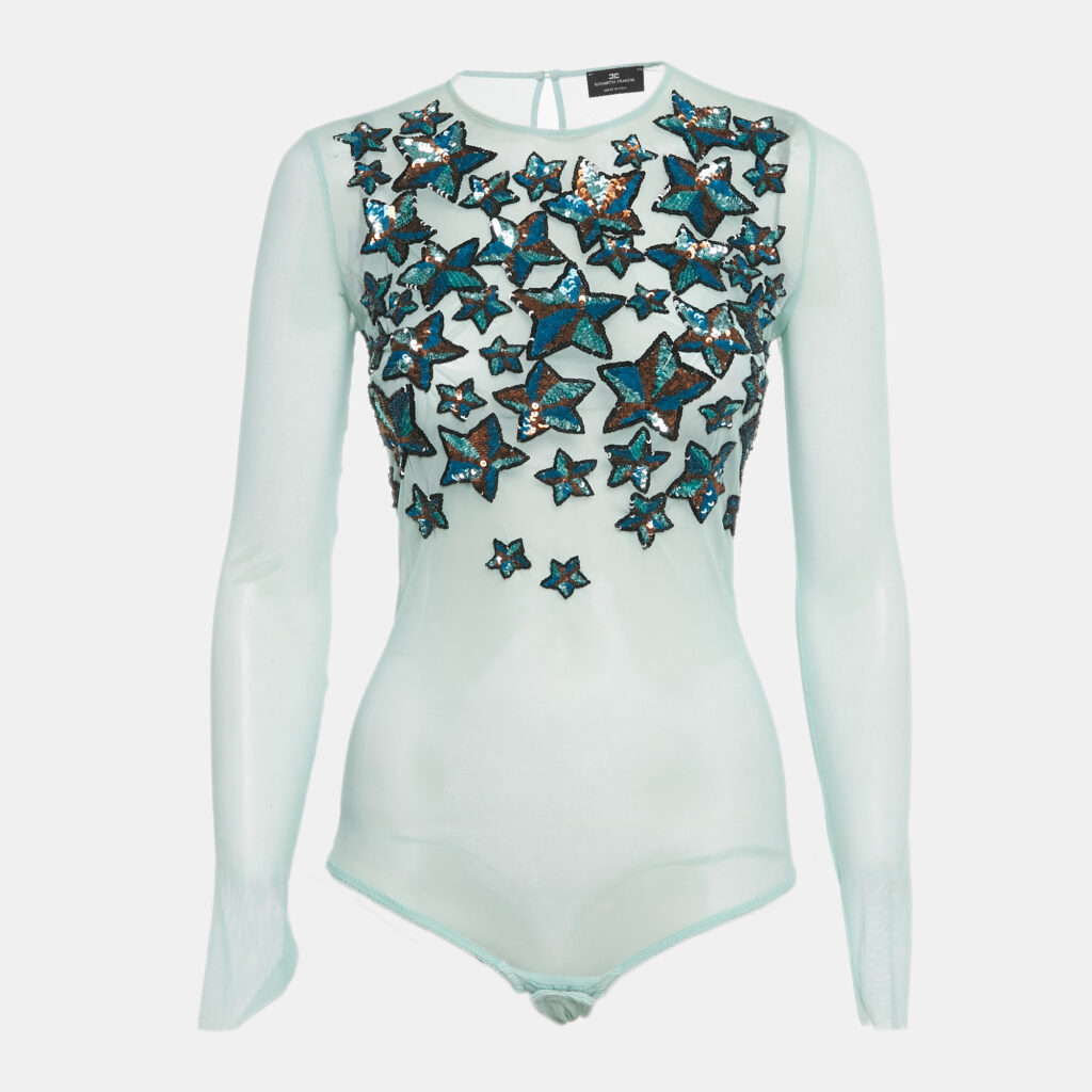 Elisabetta Franchi Aqua Green Embellished Star Detail Mesh Body Suit M