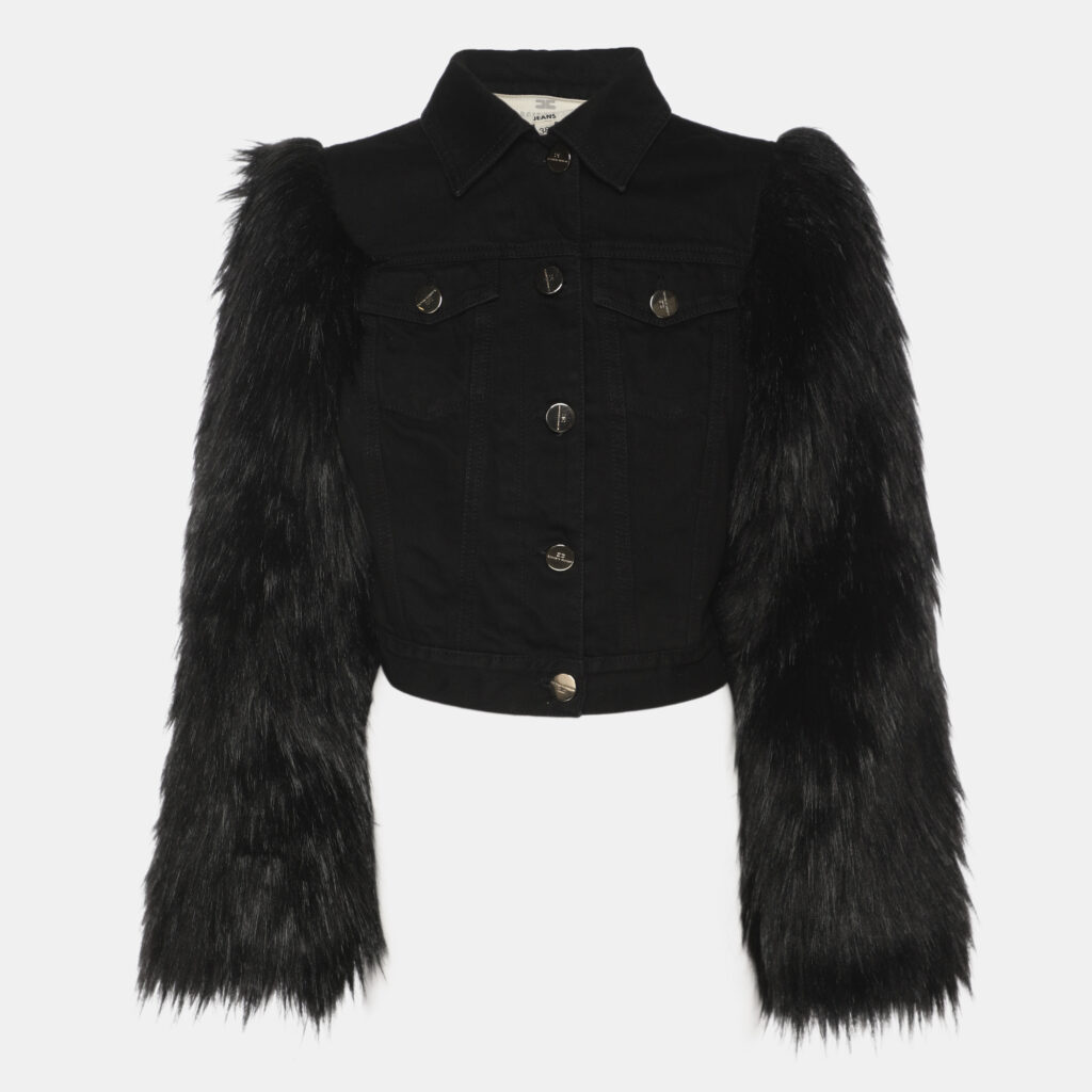 Elisabetta Franchi Black Denim and Faux Fur Cropped Jacket S Elisabetta Franchi Black Denim and Faux Fur Cropped Jacket S