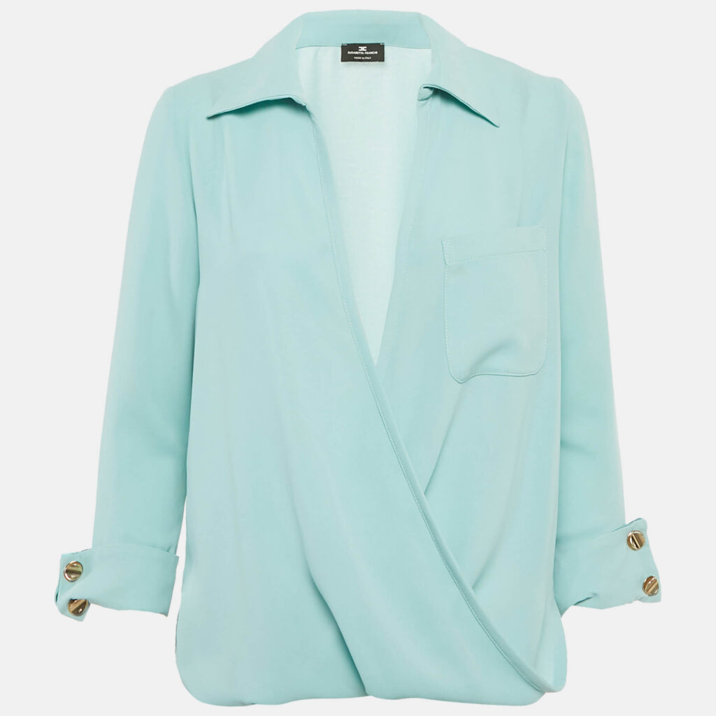 Elisabetta Franchi Blue Crepe Plunking Neck Blouse S