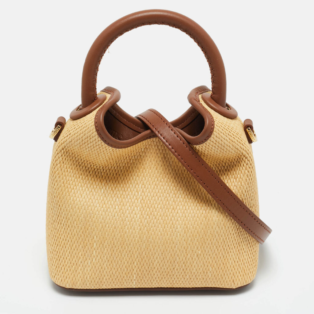 Elleme Cream/Brown Leather and Raffia Baozi Bucket Bag