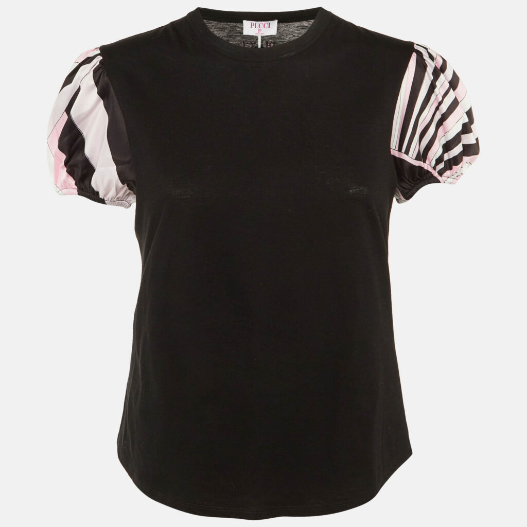 Pucci Black Cotton & Satin Puff Sleeve T-Shirt M Pucci Black Cotton & Satin Puff Sleeve T-Shirt M