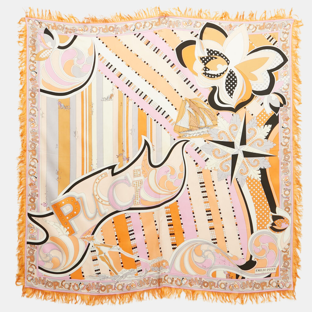 Emilio Pucci Orange/Pink Printed Silk Fringed Scarf Emilio Pucci Orange/Pink Printed Silk Fringed Scarf