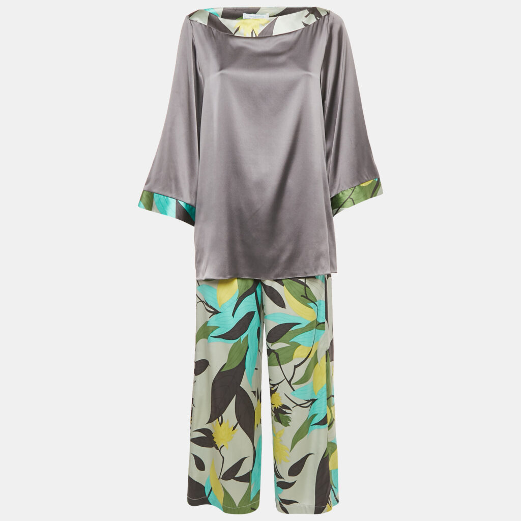 Emilio Pucci Grey/Multicolor Printed Satin Silk Top and Pants Set M/S Emilio Pucci Grey/Multicolor Printed Satin Silk Top and Pants Set M/S