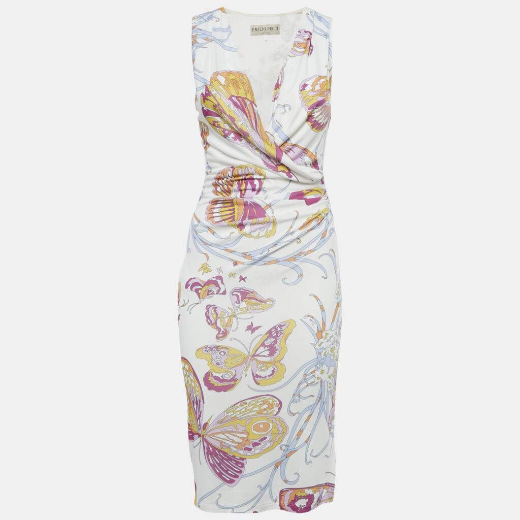 Emilio Pucci White Printed Jersey Draped Sleeveless Midi Dress S Emilio Pucci White Printed Jersey Draped Sleeveless Midi Dress S