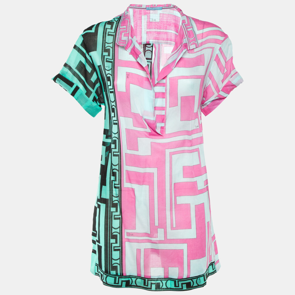 Emilio Pucci Pink/Green Geometric Print Cotton Sheer Top S Emilio Pucci Pink/Green Geometric Print Cotton Sheer Top S