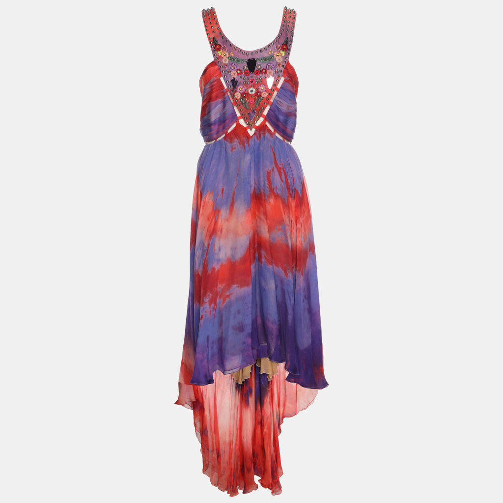 Emilio Pucci Multicolor Tie Dye Chiffon Beads Embellished Long Dress M