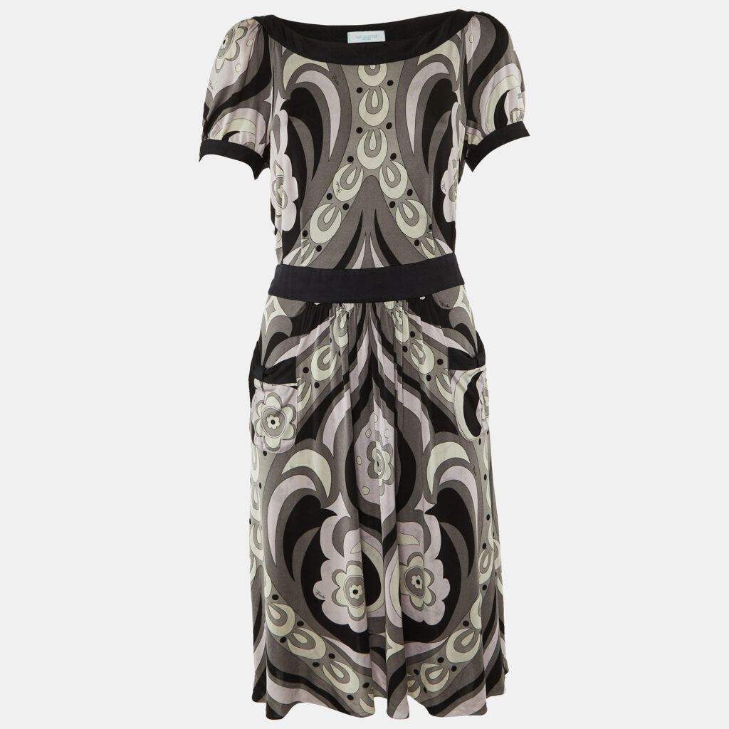 Emilio Pucci Grey/Multicolor Printed Silk Knit Knee-Length Dress L