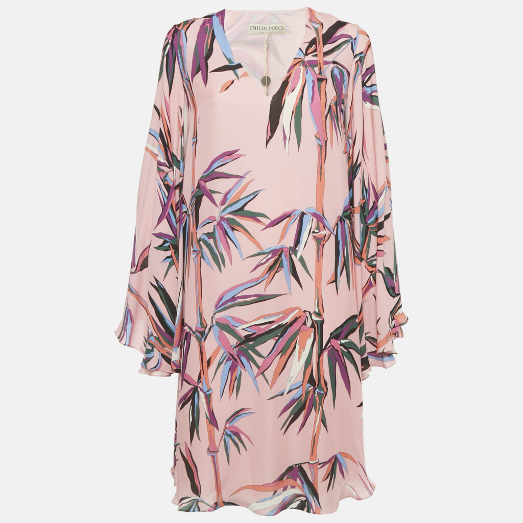 Emilio Pucci Pink Birds of Paradise Print Silk Kaftan Short Dress S Emilio Pucci Pink Birds of Paradise Print Silk Kaftan Short Dress S