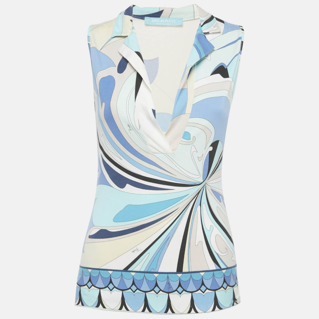 Emilio Pucci Blue Printed Cotton Sleeveless Shirt S Emilio Pucci Blue Printed Cotton Sleeveless Shirt S