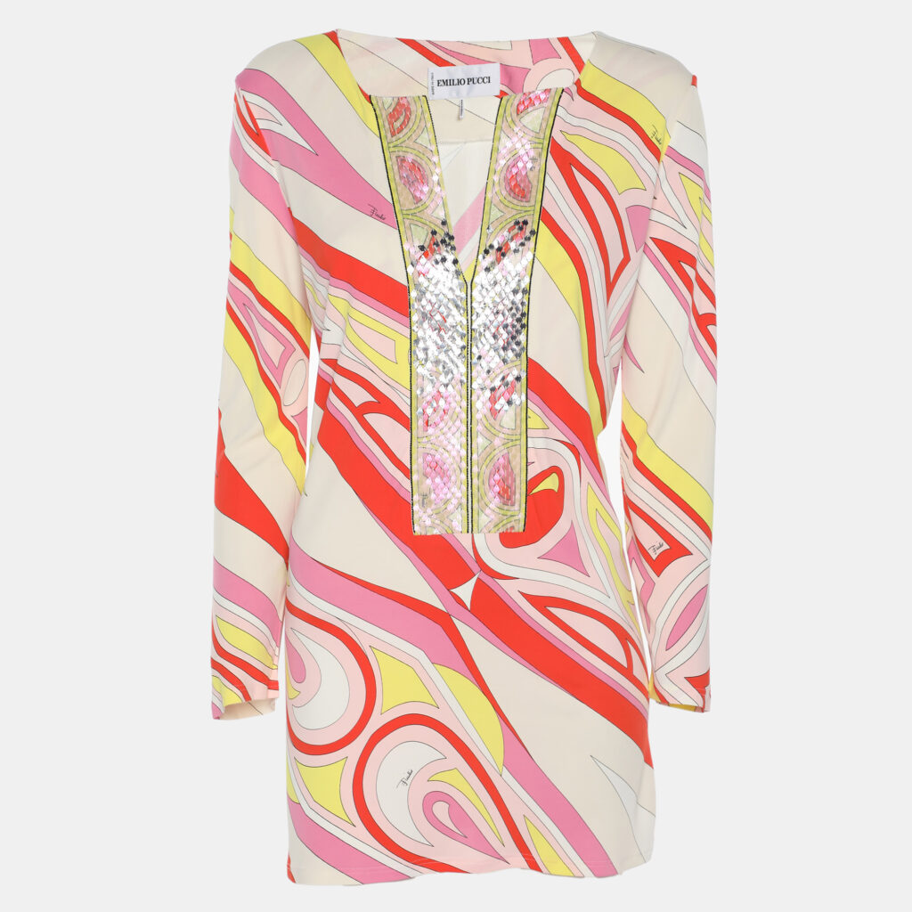 Emilio Pucci Multi Printed Stretch Knit Long Sleeve Top L Emilio Pucci Multi Printed Stretch Knit Long Sleeve Top L