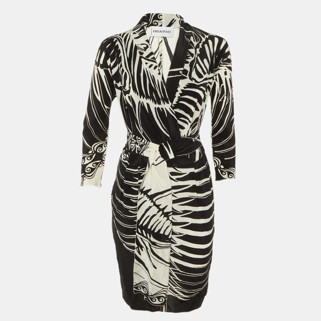 Emilio Pucci Monochrome Abstract Print Silk Belted Midi Dress M