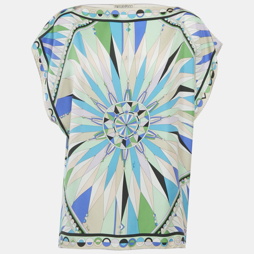luxury-women-emilio-pucci-used-clothes-p1223730-001-1.jpg Emilio Pucci Green/Blue Printed Silk Kaftan Top One Size