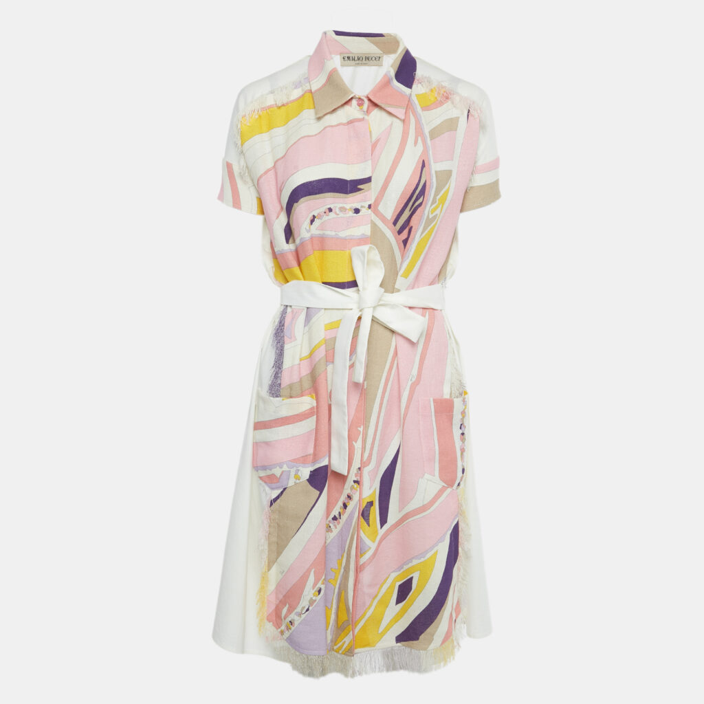 Emilio Pucci Multicolor Printed Cotton & Linen Frayed Mini Dress M Emilio Pucci Multicolor Printed Cotton & Linen Frayed Mini Dress M