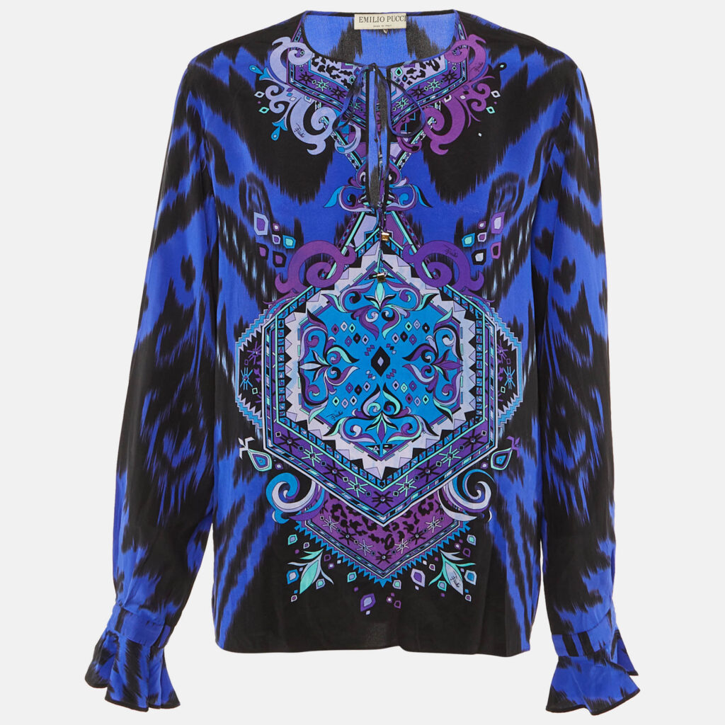 Emilio Pucci Blue Suzani Print Silk Long Sleeve Blouse XL Emilio Pucci Blue Suzani Print Silk Long Sleeve Blouse XL