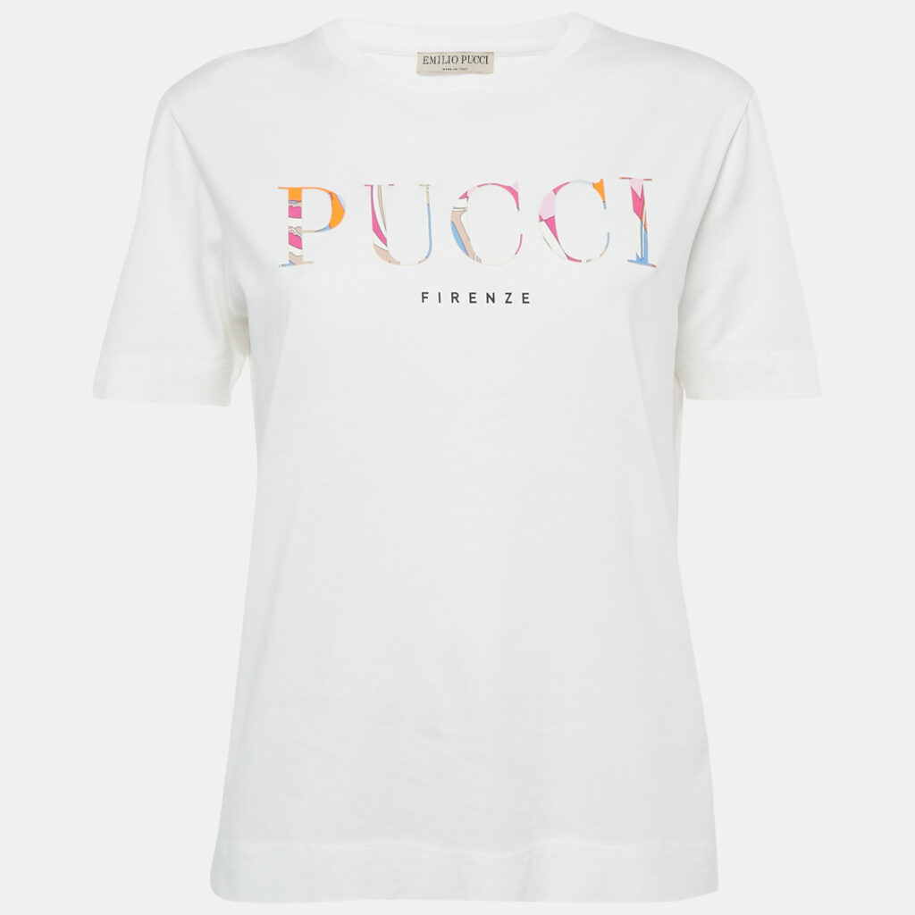 Emilio Pucci White Logo Applique Cotton T-Shirt L