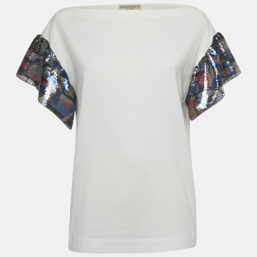 Emilio Pucci White Sequin Detail Cotton T-Shirt S Emilio Pucci White Sequin Detail Cotton T-Shirt S