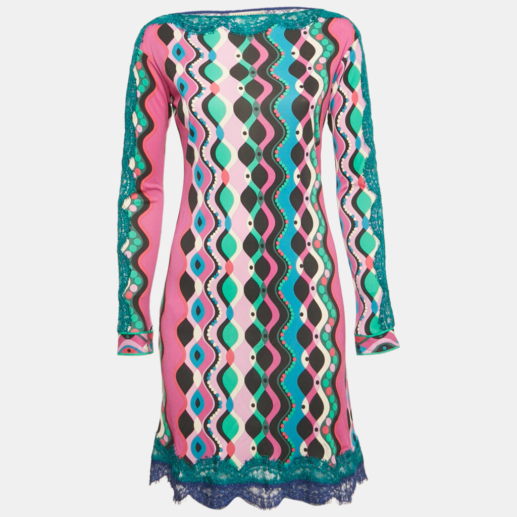 Emilio Pucci Multicolor Printed Jersey Lace Detail Mini Dress M Emilio Pucci Multicolor Printed Jersey Lace Detail Mini Dress M