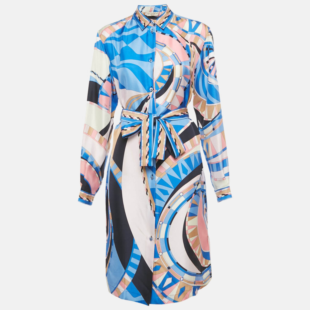 Emilio Pucci Blue Wally Print Silk Belted Shirt Dress M Emilio Pucci Blue Wally Print Silk Belted Shirt Dress M
